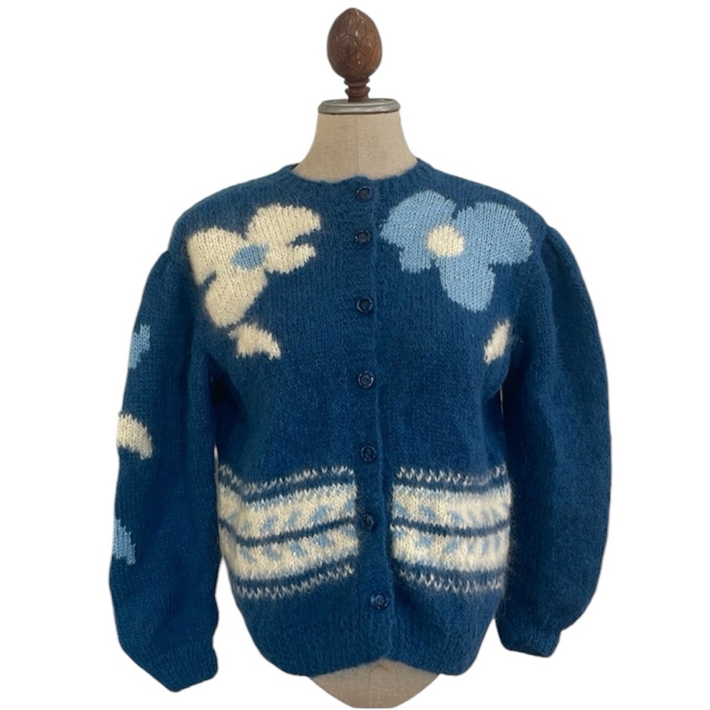 Vintage hand knit mohair button down floral blue cardigan sweater women’s size M